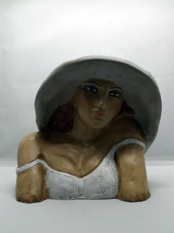 Handmade ceramic bust with an impressive hat