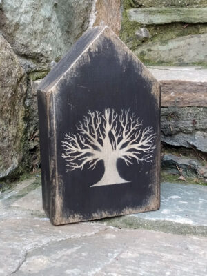 Χειροποίητο ξύλινο διακοσμητικό σπιτάκι – βιβλιοστάτης, δέντρο της ζωής