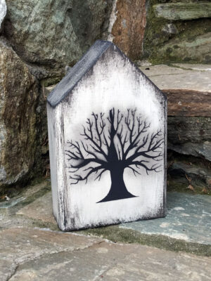 Χειροποίητο ξύλινο διακοσμητικό σπιτάκι – βιβλιοστάτης, δέντρο της ζωής