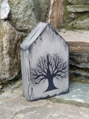 Χειροποίητο ξύλινο διακοσμητικό σπιτάκι – βιβλιοστάτης, δέντρο της ζωής